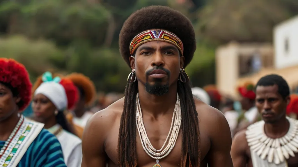 Homem com adereços de cabeça e colares em celebração de cultura afro