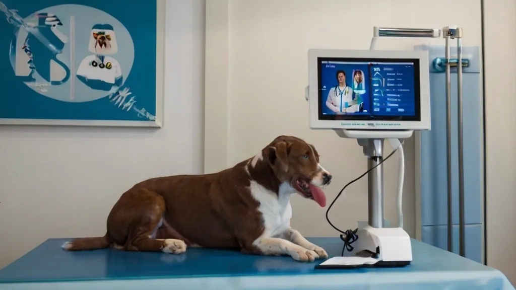Cão sobre a mesa de exame com equipamento de monitoramento ao lado