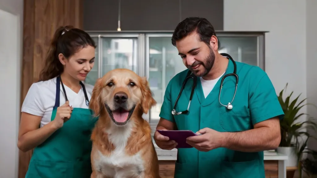 Profissionais de uma clínica veterinária junto a um cão