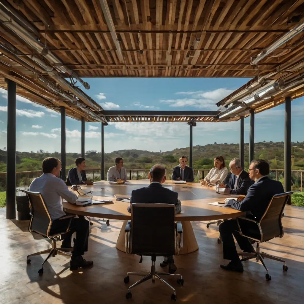 Reunião em sala de mesa oval com vista para área externa